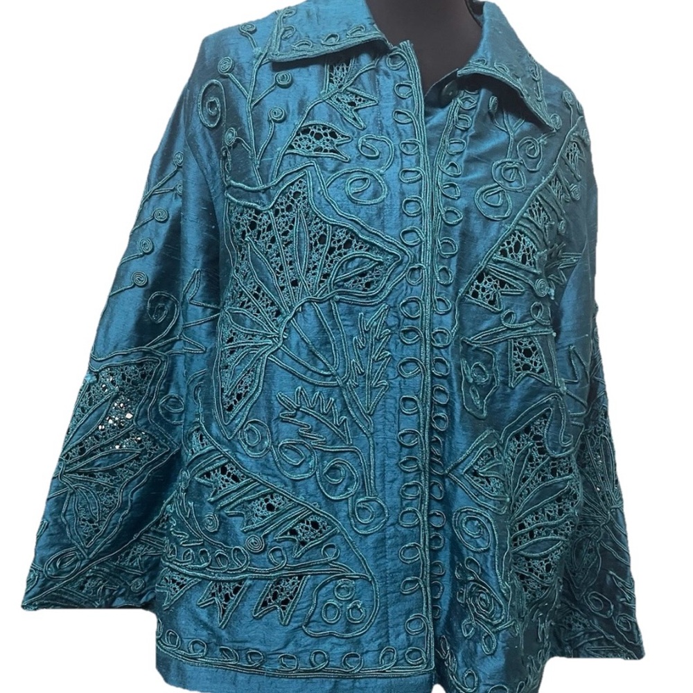 Coldwater Creek Embroidered Teal Blouse / Top 100% Silk | L